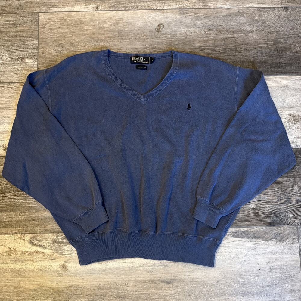 Vtg Polo Ralph Lauren Sweater Men's L/XL Blue 100% Cotton V Neck Pony Cropped